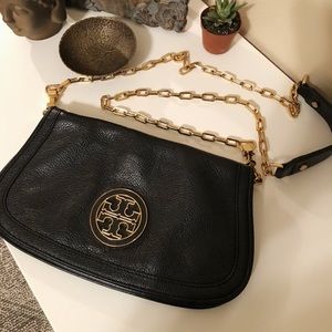 Tory Burch Black Leather Crossbody with Gold Logo and Chain